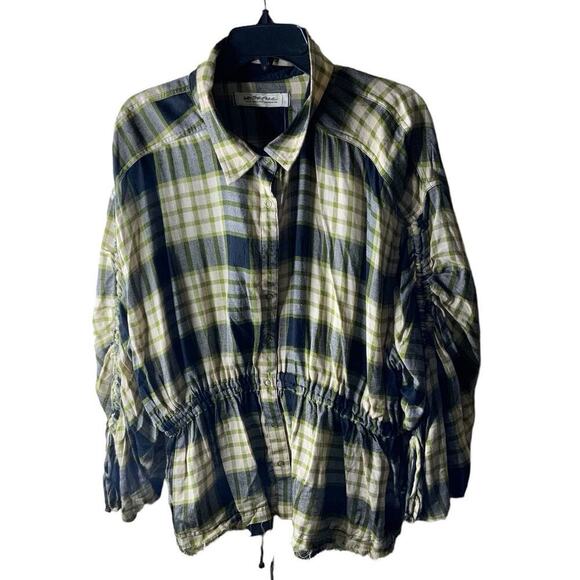 We The Free People Plaid Released Trim Raw Hem Shirt Women Size Large Button Up - Picture 2 of 12